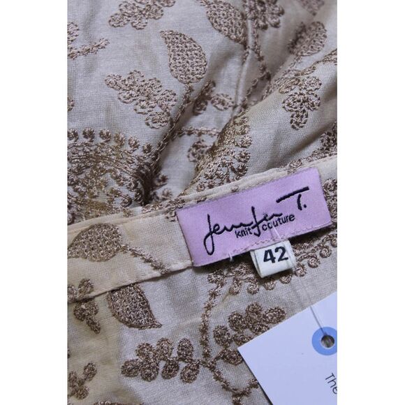 Jennifer T Womens Embroidered Paisley Y Neck 3/4 Sleeve Top Blouse Beige IT 42 - Picture 4 of 4